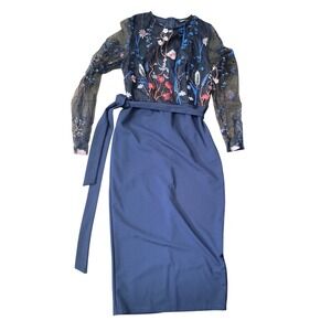 SHEIN Navy Blue Floral Embroidered Mesh Long Sleeve Midi Dress Small